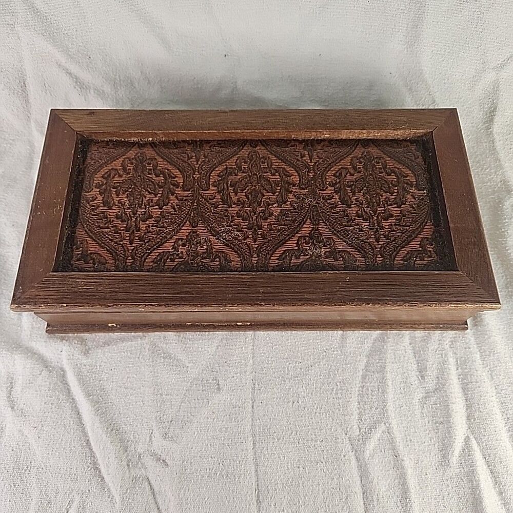 Jewelry Box Leatherette Inlay Wood Top, Felt Lined Comparts Ring Holder Vintage